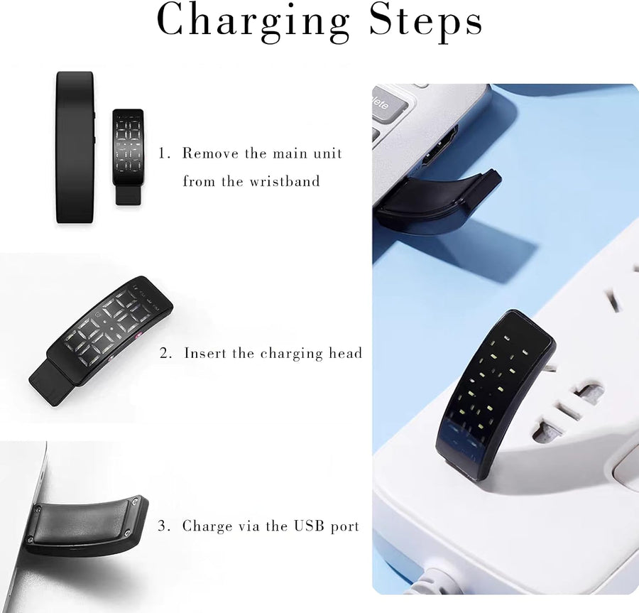 Stirwake display unit removed from the strap and plugged into a USB port to charge