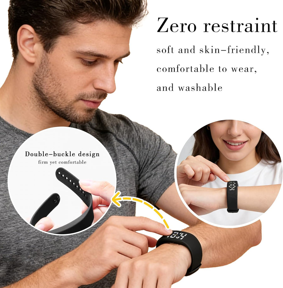 Stirwake band worn on the wrist, showing the double-buckle strap