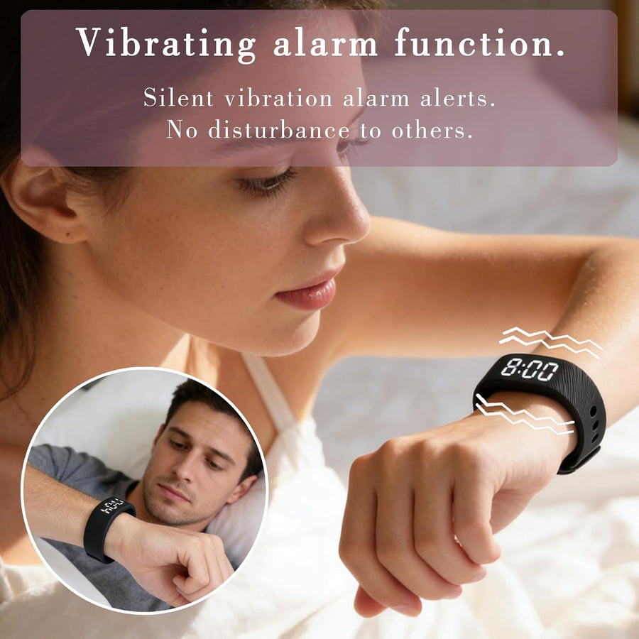 Stirwake band vibrating on a wrist in bed while a partner keeps sleeping