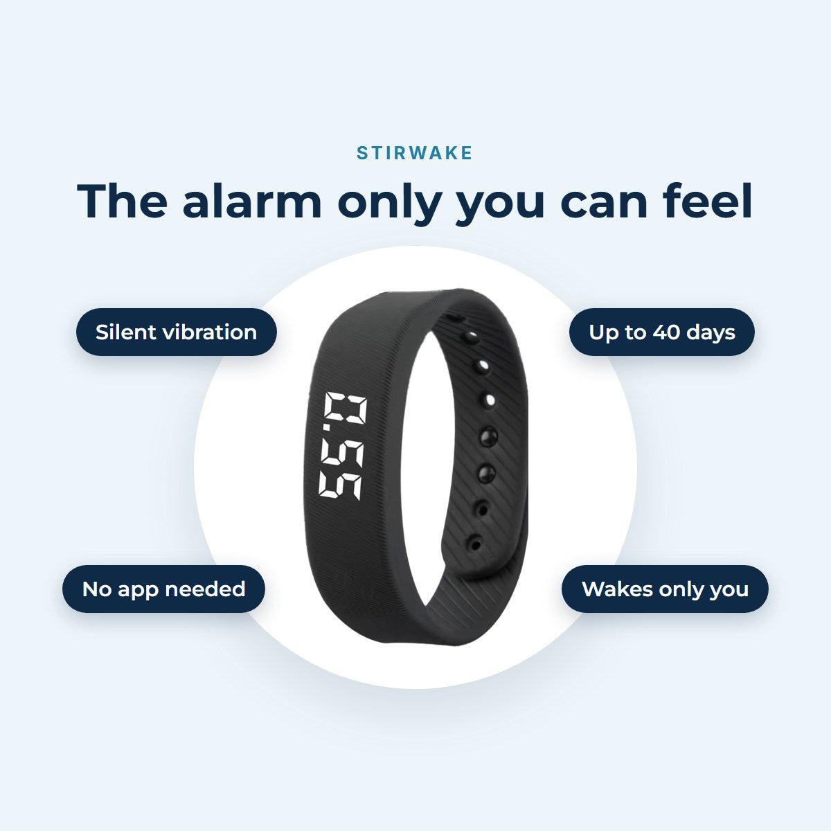 Stirwake band benefits: silent vibration, up to 40 days, no app needed, wakes only you