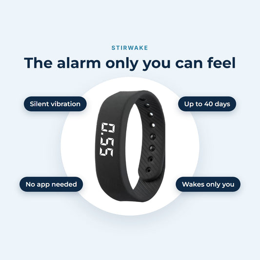 Stirwake band benefits: silent vibration, up to 40 days, no app needed, wakes only you
